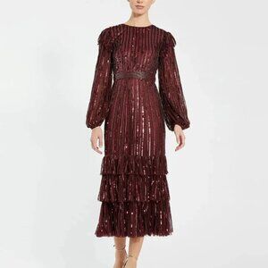 Mac Duggal 23003 Red Long Sleeve Ruffle Detail Sequin Dress Size 10 MSRP $ 698